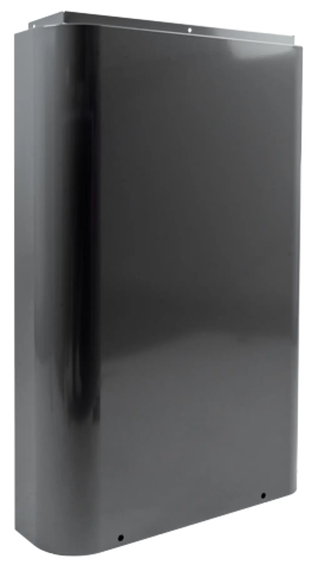 Linksseitige Verkleidung in Schwarz für ein Wolf-Gerät, mit glatter Oberfläche und fixierbaren Löchern an der Unterseite zur Montage.